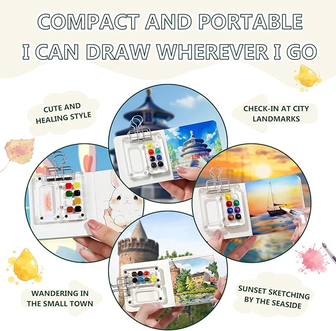 Portable Mini Watercolor Paint Set - All-in-One Travel Kit with Paints, Brushes, Palette, Bag, and Water Container - Perfect for Artists and Beginners-8 Grids