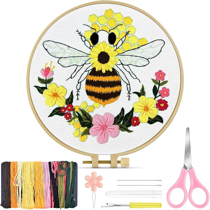 TINDTOP Embroidery Kit for Beginners Adult, Honeybee Embroidery Kit for Beginners Include Embroidery Cloth Hoops Threads for Craft Lover Hand Stitch with Embroidery Skill Techniques (Honeybee)