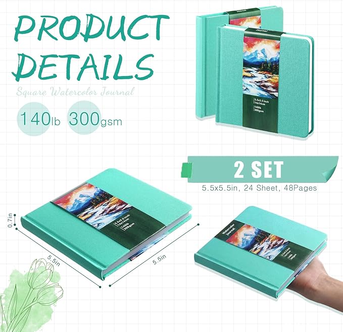 Dispowreath 2 Pcs 5.5 x 5.5 in Watercolor Sketchbook Journal Square Watercolor Notebook Cold Press 140lb 300gsm Cotton Paper 48 Pages Journals Notebook Paper Pads(Turquoise)
