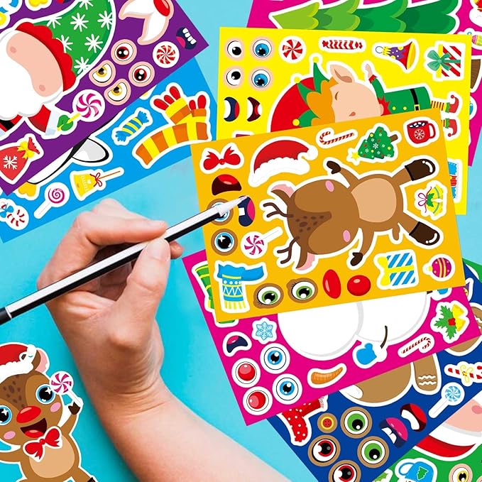 32 sheets christmas stickers for kids, make your own characters mix and match sticker, make a face stickers winter holiday gift, xmas party games sticker christmas party favor