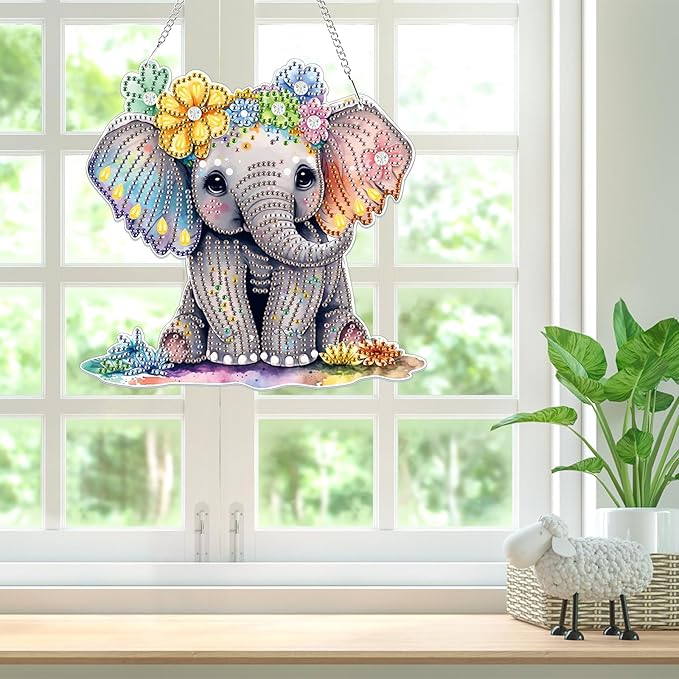 Bowetile Elephant Diamond Art Hanging Kits for Adults, 5D Special Shape Diamond Painting Pendant Kits, Animal Gem Art Suncatchers Painting Ornament for Home Garden Wall Decor