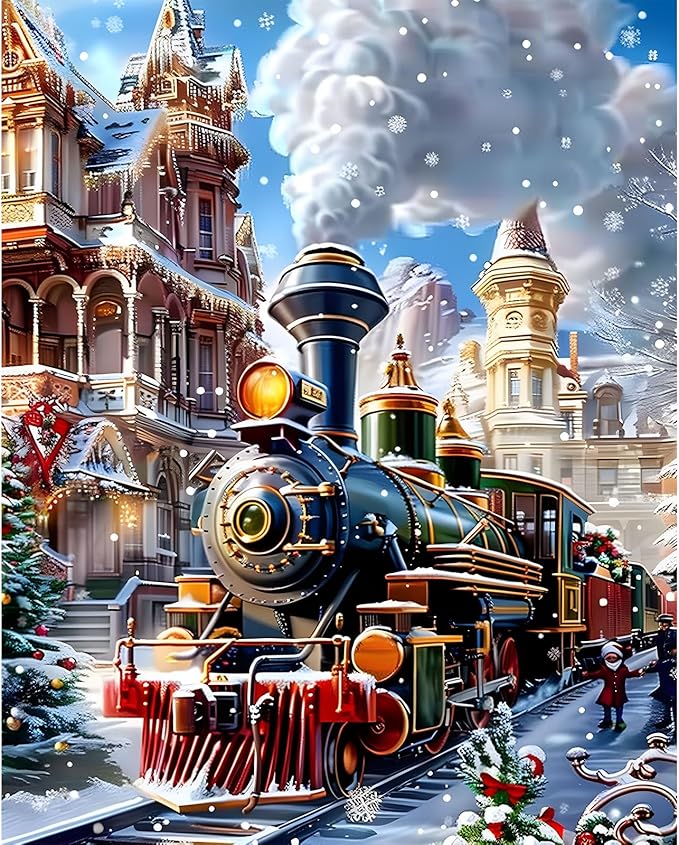 EMIEAUFG Christmas Diamond Art Kits for Adults, Christmas Train Diamond Paiting Kit for Beginners, 5D DIY Round Full Drill Craft Diamond Dot Gem Art, Home Wall Decor 12" x 16"