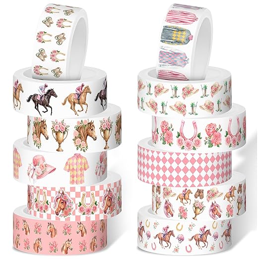 Pink Kentucky Derby Washi Tape - 12 Rolls Horse Racing Rose Horseshoe Gingham Pattern Acid Free Repositionable Adhesive for Scrapbooking Gift Wrapping Journaling Party Decor DIY Crafts