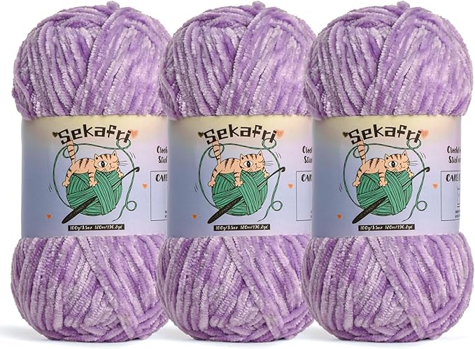 3 Pack of 300g (590yds) Fuzzy Chenille Yarn for Crocheting,Fluffy Amigurumi Crochet Yarn for DIY Craft/Hat/Clothes, Soft Velvet Baby Blanket Yarns（3 Light Purple）
