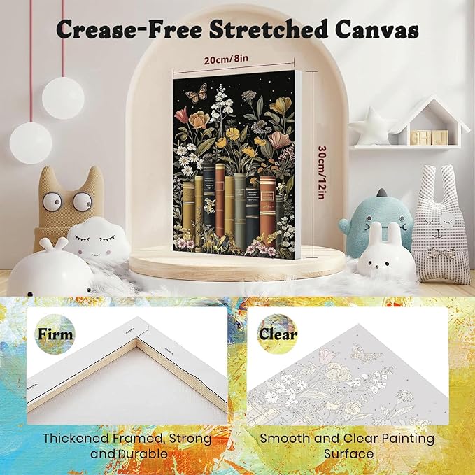 xackcme Book Paint by Numbers for Adults with Framed Canvas - with Wooden Easel, Flowers Paint by Number on Canvas, DIY Books Acrylic Oil Painting Kits with Brushes for Home Wall Decor (8x12 inch)