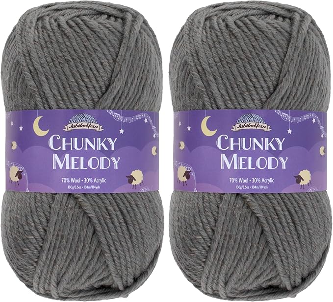 JubileeYarn Chunky Melody Yarn - 100g/Skein Bulky Wool Blend - Charcoal - 2 Skeins
