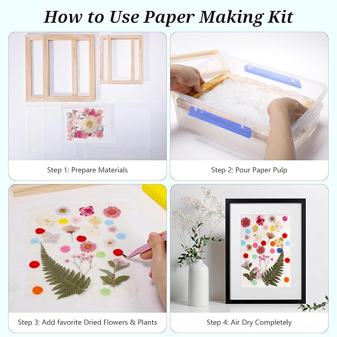 Aboofx Paper Making Kit, A5 & A6 Size Paper Making Screen Frame Kit, Wooden Mold and Deckle with Mesh, Absorbent Papers, Sponge and Confetti, DIY Handmade Papers Making Supplies Gift for Craft Lovers