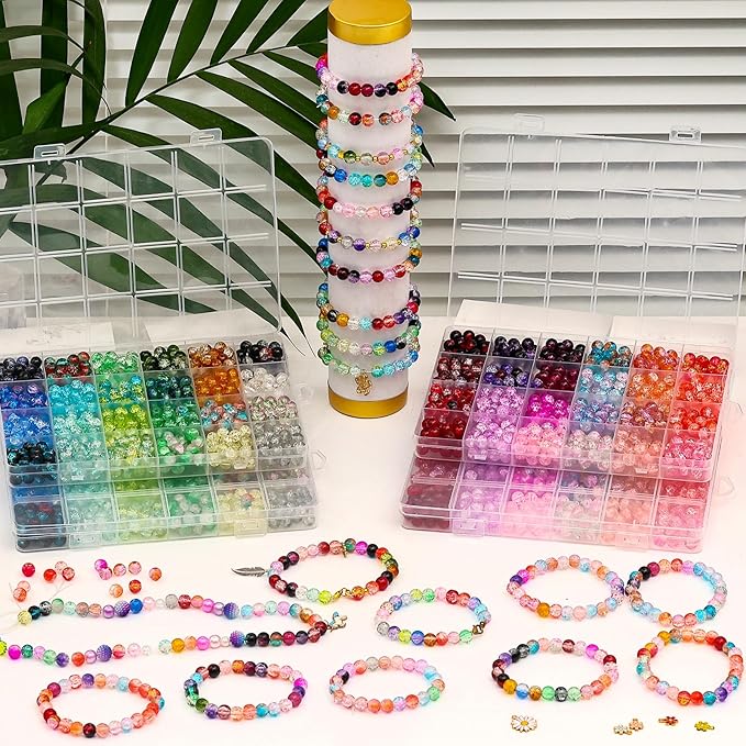 XSEINO 2400 Pieces 8mm Crack Glass Beads for Jewelry Making,48 Dazzling Colors Round Glass Beads for Making and DIY Crafts