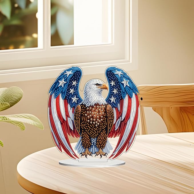JJFox DIY Tabletop Diamond Art Painting Kit，Desktop Ornament Special Shaped Rhinestone Desk Placement Ornament，Home Stand Up Gem Painting Craft Kit Gift Double Sided (USA-Eagle)