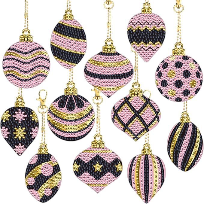 Cinrobiye 12 Pieces Christmas Diamond Painting Keychains Kits with Tools Christmas Ball Diamond Art Hanging Ornaments DIY Xmas Refrigerator Decor Craft Kits for Holiday Party (Ball2)