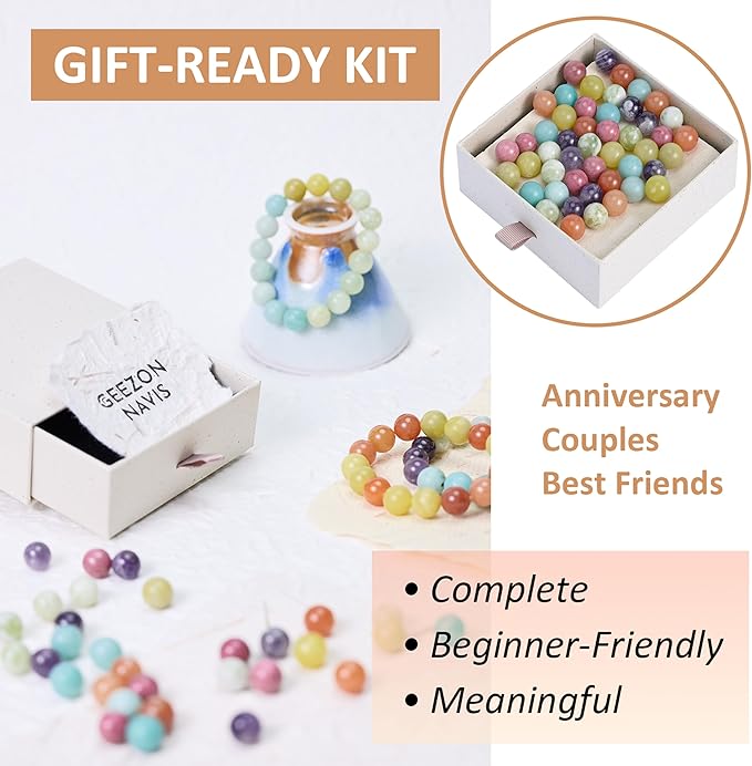 Geezon Navis Bracelet Making Kit - 10mm Natural Stone Beads - 48pcs Multicolor - DIY Jewelry Making Starter Kit Adult Men Women Birthday Gift Craft (48, Color C)