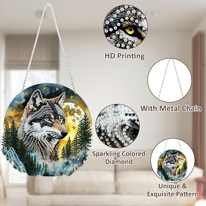 SENQAO Hanging Diamond Art Painting Kits for Adults Beginners, 5D Special Shape Diamond Art Kits, Wolf Crystal Rhinestones Diamond Gem Art Painting for Home Garden Wall Decor