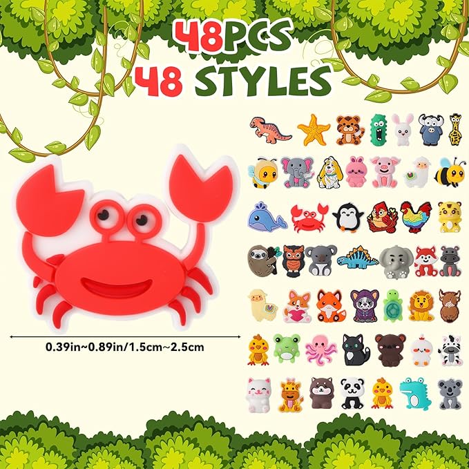 VioraWhite 48 Pcs Animals Silicone Focal Beads for Beaded Pens Animals Silicone Beads Charm Keychain Lanyard Kit for Beadable Items Keychains Bracelet Necklace DIY Jewelry Making