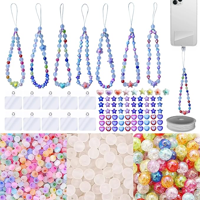 SHUANGART 531 Pcs Phone Chain Beaded Making Kit, Cell Phone Charms Lanyard Wrist Strap Set with Matte Frosted Beads Burst Round Beads Glass Seed Beads Phone Tether Tab for Women DIY Bracelet Keychain
