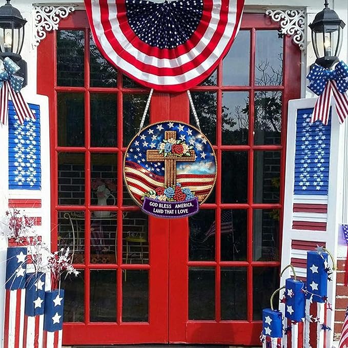 DOMROM 4TH of July Diamond Art Hanging Kit for Adult, Cross Diamond Art Hanging Kit, Patriotic DIY Diamond Art, Independence Day Diamond Hanging Pendant, Window Pendants Garden Wall Hanging Ornament