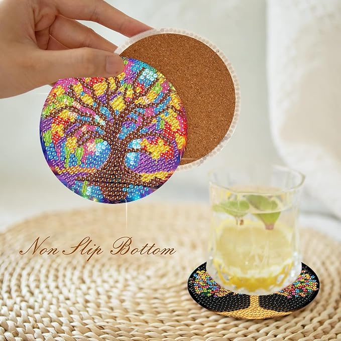 igoodom 8 Pcs Tree of Life Diamond Art Coasters Kit with Holder, DIY Tree Diamond Painting Coasters for Beginners Adults, Non Slip Diamond Art Kits Craft Supplies 4x4inch