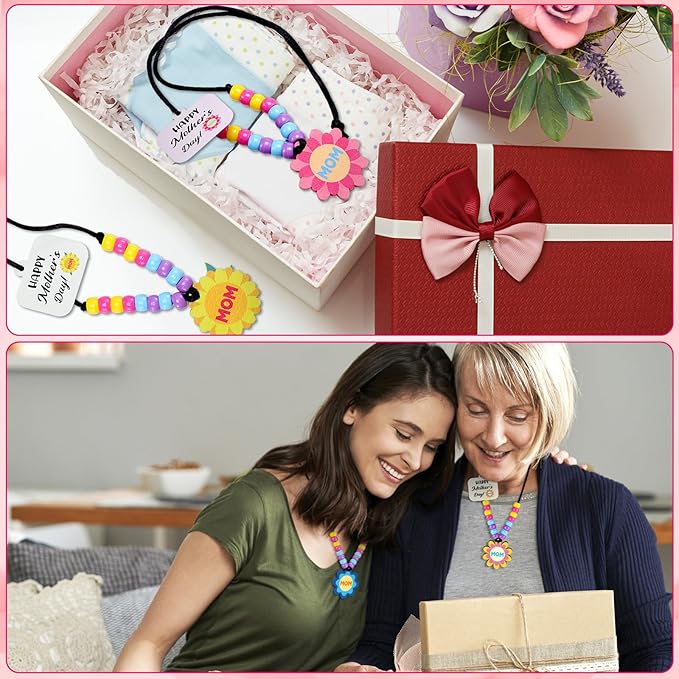 Ferreve 24 Sets Mother's Day Beads Necklace Crafts Kit Mother's Day Gifts DIY Mom Wooden Flowers Necklace Kits Bulk Make Your Own Mom Gifts for Family Classroom Making Party Favors