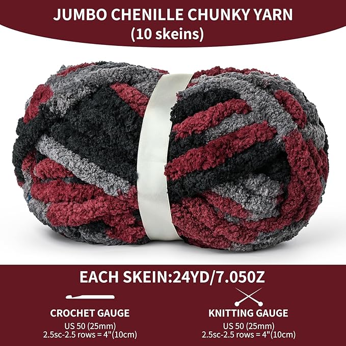 10 Pack Jumbo Chunky Yarn for Hand Knitting, Fluffy Variegated Chunky Chenille Yarn for Crocheting, 240yds/70.5oz Super Bulky Soft Crochet Baby Blanket Yarn(Gray-Black-Red)