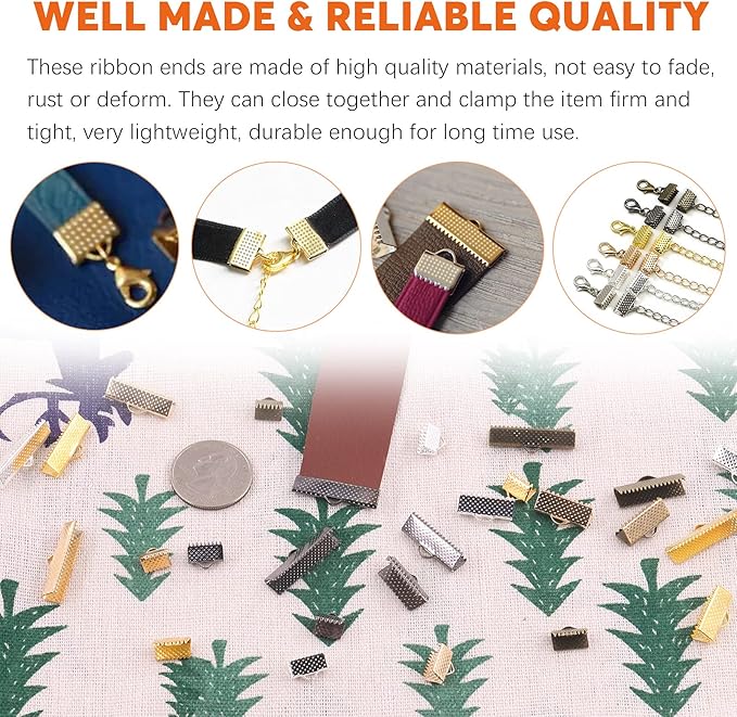 701Pcs 5 Colors Ribbon Clamp Ends for Jewelry Making with Pliers Tool Assortment Kit Bracelet Leather Bookmark Pinch Crimp Ends with Loop