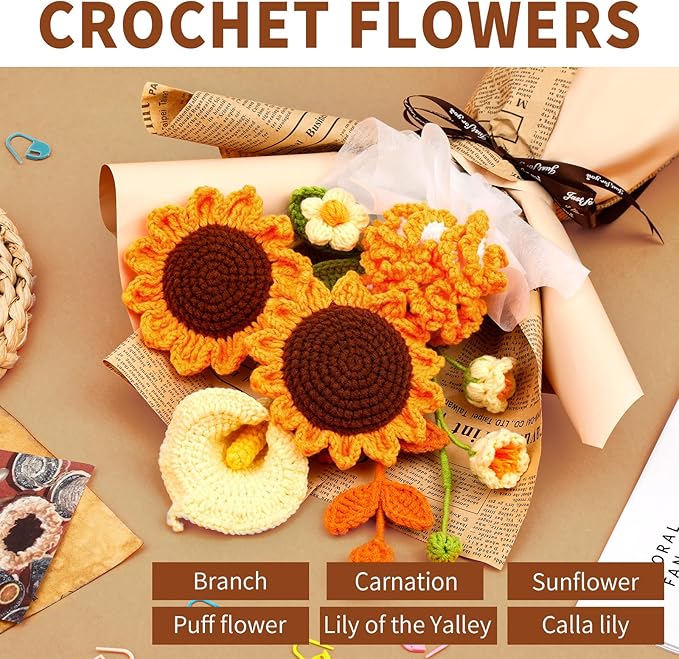 Kogyxe Crochet Kit for Beginners, Crochet Flower Bouquet with Step-by-Step Video Tutorials, Adults Crafts Kits Including Materials Such as Floral Wire, Newspaper for Commemorative Gift