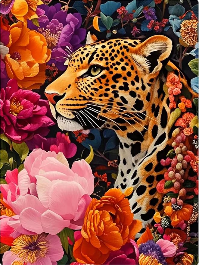 PINFFSHU 5D Diamond Art Kit for Adults & Beginners - Leopard amidst Colorful Flowers - Full Drill Animal Gem Painting, DIY Diamond Painting Craft for Home Wall Decor & Gifts, 12x16 inch (30x40cm)