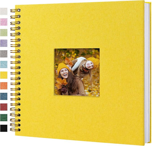 Scrapbook Photo Album Linen Cover, 12 x 12 Inch Hardcover Kraft White Pages Memory Book, for Travel Wedding Guest Book Christmas Baby Shower (40 Sheets/ 80 Pages,Yellow)