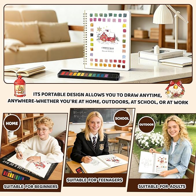 Watercolor Workbook for Beginners - Complete Watercolor Painting Kit with 12 Color Paint Set & Brush | Step-by-Step Art Book for Adults, Hobby Gift for Friends