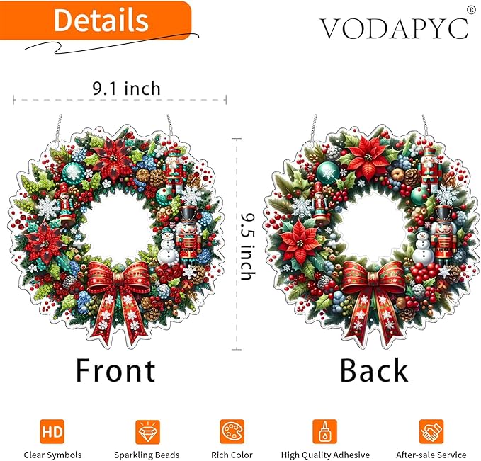 VODAPYC Christmas Wreath Diamond Art Hanging Kit for Adults, DIY Double Sided Special Shaped Diamonds Art Window Pendant Ornament for Home Decor(Christmas Wreath-2)