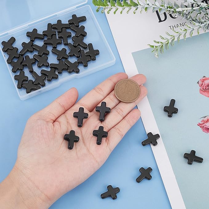 SUNNYCLUE 1 Box 40Pcs Black Cross Beads Easter Turquoise Cross Beads Bulk Mini Stone Gemstone Small Spacers for Jewelry Making Charms Rosary Beading Kit Bracelet Necklace Supplies Craft