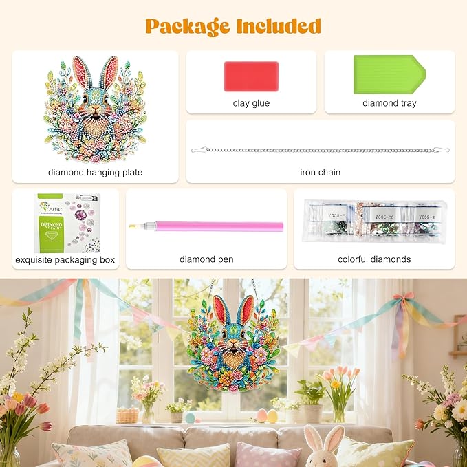 RICUVED Easter Diamond Art Hanging Kit for Adult, Rabbit Special Shaped Diamond Painting Pendant Board Kit, 5D Art Suncatchers Double Sided Hanging Window Ornament for Home Garden Decor