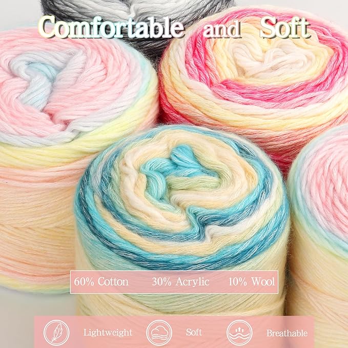 Katech Ombré Yarn for Crocheting-Gradient Cake Yarn-4x100g 60% Cotton 30% Acrylic 11% Wool-Multicolor Soft Rainbow Cotton Crochet Yarn for Scarves, Shawls, Blankets and Garments(P)