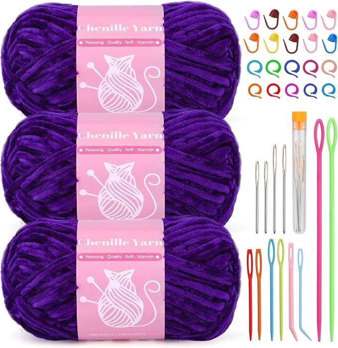 LUNARM Chenille Velvet Yarn, Yarn for Crocheting Knitting with Big Eye Needles, Handcrafts Weaving Soft Chenille Yarn for Making Blankets, Clothes, Pattern Knitting-3 * 3.35oz,3 * 162yds (Purple)