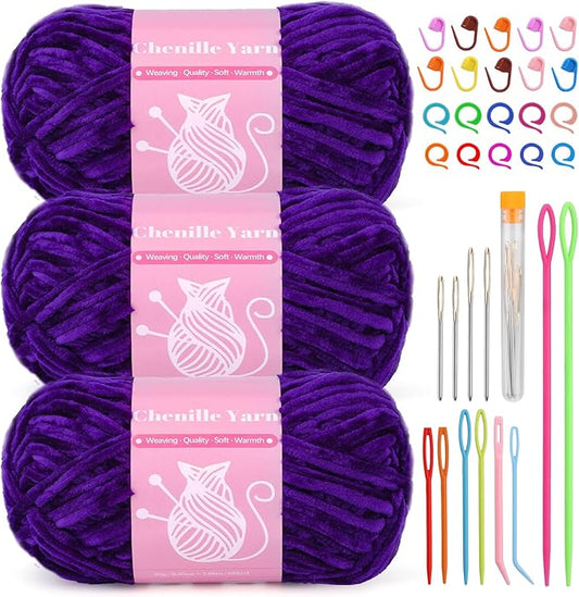 LUNARM Chenille Velvet Yarn, Yarn for Crocheting Knitting with Big Eye Needles, Handcrafts Weaving Soft Chenille Yarn for Making Blankets, Clothes, Pattern Knitting-3 * 3.35oz,3 * 162yds (Purple)