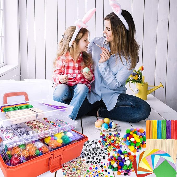 kortes Jumbo Art and Craft Supplies for Boys and Girls, Toddler DIY Craft Art Supply Set Included Pipe Cleaners, Pom Poms, Feather, Folding Storage Box - All in One for Craft DIY Art Supplies(Orange)