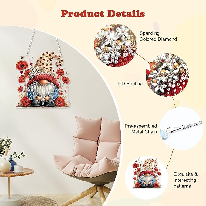 HEIBAGO Gnome Diamond Art Hanging Kits for Adults, Diamond Art Suncatchers Bee, 5D Special Shape Diamond Painting Pendant, DIY Window Ornament Gifts for Home Garden Door Wall Decor 8.3 x 8.3 Inch