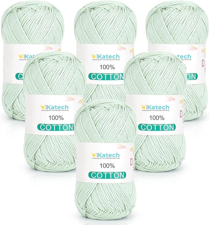 Katech Pure Cotton Yarn for Crocheting & Knitting–Soft Sport Weight CYC #2, 6 Skeins (50g Each, 300g Total), Ideal Crochet Yarn for Dishcloths, Baby Clothes, Socks, Lightweight Scarves（Light Green）