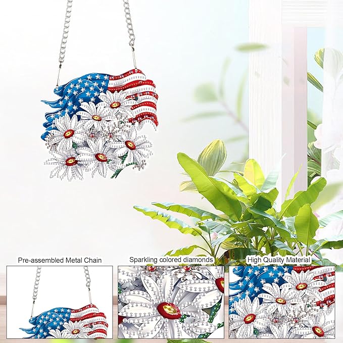 AiYuanzsh Patriotic Diamond Painting Hanging Ornament, American Flag with White Daisies, DIY 5D Diamond Art Pendant Kit with Chain, Independence Day Crystal Suncatcher Home Decoration Craft