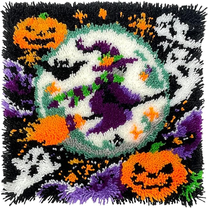 Halloween Flying Witch Latch Hook Kits for Adults Kids, Beginners DIY Latch Hook Pillow Kit Pre-Printed Hook and Latch Rug Kits Cross-stitch Embroidery Cushion Cover for Home Sofa Decoration 17x17 in