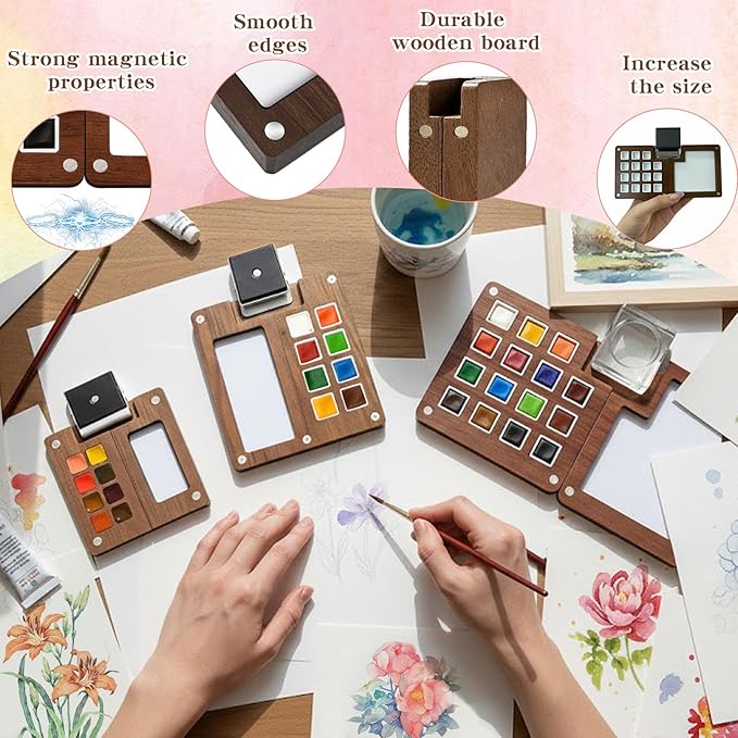 Mini Watercolor Paint Set - Mini Travel Watercolor Palette Set, Pocket Water Color Paint Palette Kit with 18 Colours, Sketchbook, Pens, Wooden Paints Box for Painters Artists