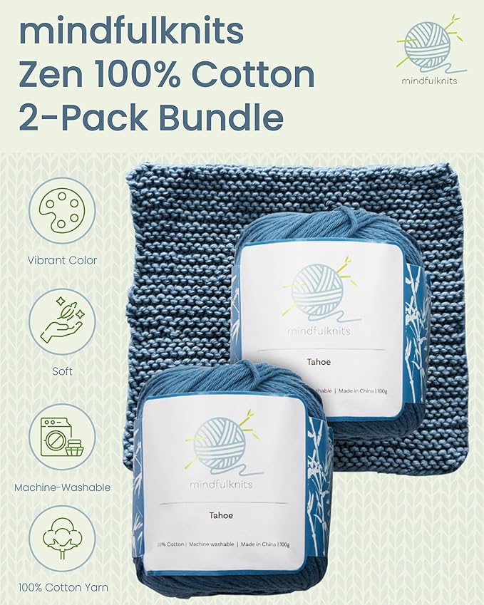 Knitting Yarn, Crochet Yarn, Mindfulness and Relaxation 100 Percent Cotton Yarn, Single Color 2-Pack - Medium Number 4 Worsted Bundle, Soft & Gentle for Garments, Amigurumi, Baby Items by mindfulknits