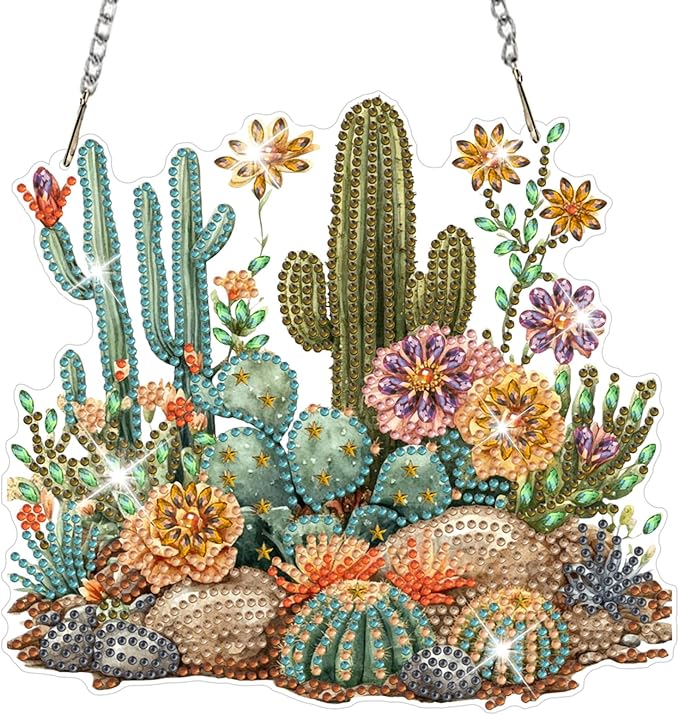 NAIMOER Diamond Art Hanging Kits for Adults Cactus 5D Special Shaped Rhinestone, DIY Acrylic Diamond Art Painting Window Pendants Home Garden Wall Hanging Ornament Kits, Double Sided