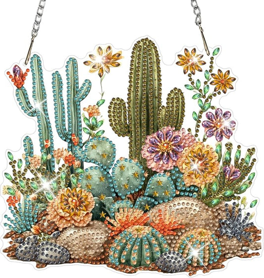 NAIMOER Diamond Art Hanging Kits for Adults Cactus 5D Special Shaped Rhinestone, DIY Acrylic Diamond Art Painting Window Pendants Home Garden Wall Hanging Ornament Kits, Double Sided