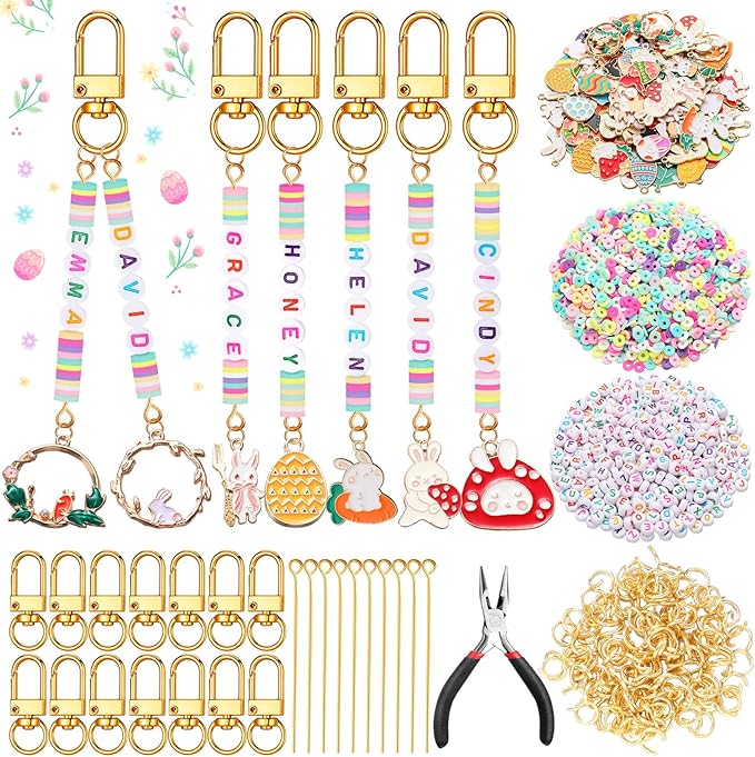 Tondiamo 2823 Pcs Easter Charms for Jewelry Making Easter Bead Keychain DIY Craft Making Kit Key Ring Charms Letters Beads String for Gift Jewelry Key Ring Backpack Accessories