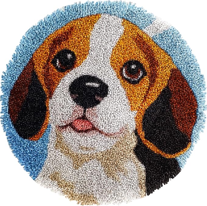 Latch Hook Rug Kit Cute Cartoon Puppy Beagles Dog with Christmas Color Easy for Beginners Round Shape Carpet Crochet Yarn Craft Mini Rug DIY Hook and Latch Little Tapestry for Home Decor 30x30cm-2