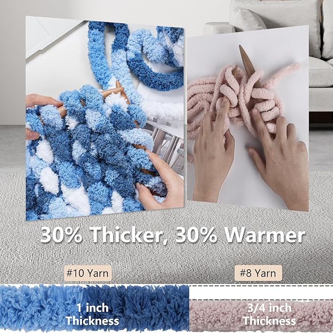 Chunky Yarn for Hand Knitting - #10 Chunky Chenille Blanket Yarn, Jumbo Big Thick Chunky Yarns for Crocheting, Tie Dye Bulky Knit Yarns, 8 Skein (25 yds 8 oz Each Skein), Sky&Navy&Royal&White