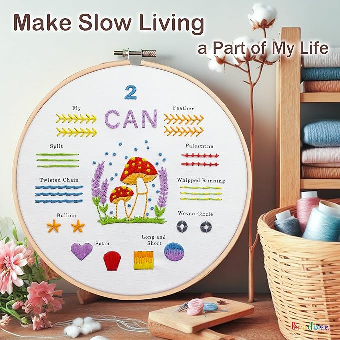 bradove embroidery kit for beginners, learn to embroider top 29 stitches and cute patterns with video tutorial and instruction booklet, beginner embroidery kit for adults kids, stitches kit