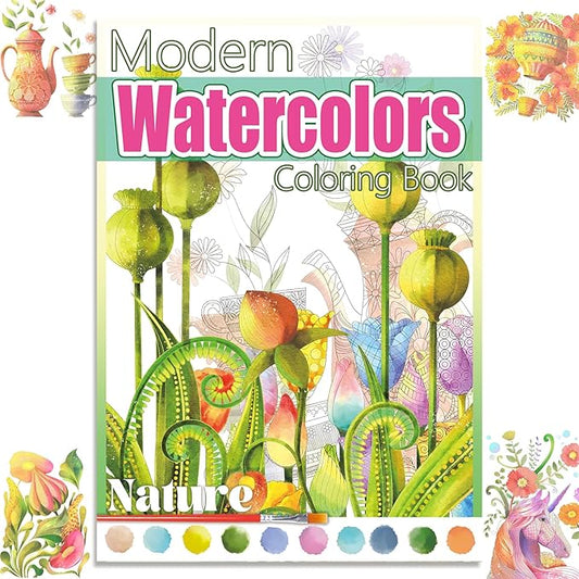 Watercoloring Book, A4 Water Coloring Book Paint Book Beginner Friendly - Watercolor Coloring Books for Adults, 12 Pre-Printed Designs on 180GSM Cold Press Paper, (Without Paint or Brushes) - Nature