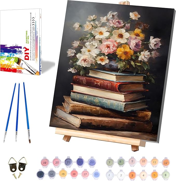 Book Paint by Numbers for Adults with Framed Canvas - with Wooden Easel, Paint by Number on Canvas Flowers, Acrylic Vintage Oil Painting Kit with Brushes Nice Gift Box for Home Wall Decor (12x16 inch)