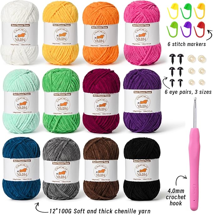 12 Skeins Fluffy Chenille Yarn for Crocheting, Soft Bulky Velvet Yarn for Knitting, Plush Baby Blanket Crochet Yarns, 1572 Yards Multicolor Amigurumi Yarn for Crafts Set A