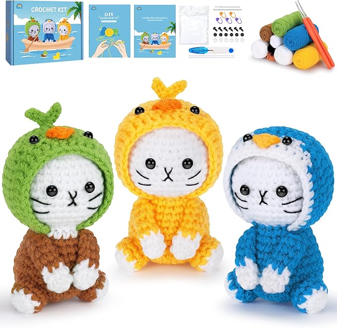 Crochet Kit for Beginners, 3 Pack Duck Cat Crochet Kits with Step-by-Step Video Tutorials, Beginner Crochet Kit for Adults, Crochet Animal Kit for Starters, DIY Craft Gift for Cat Lover